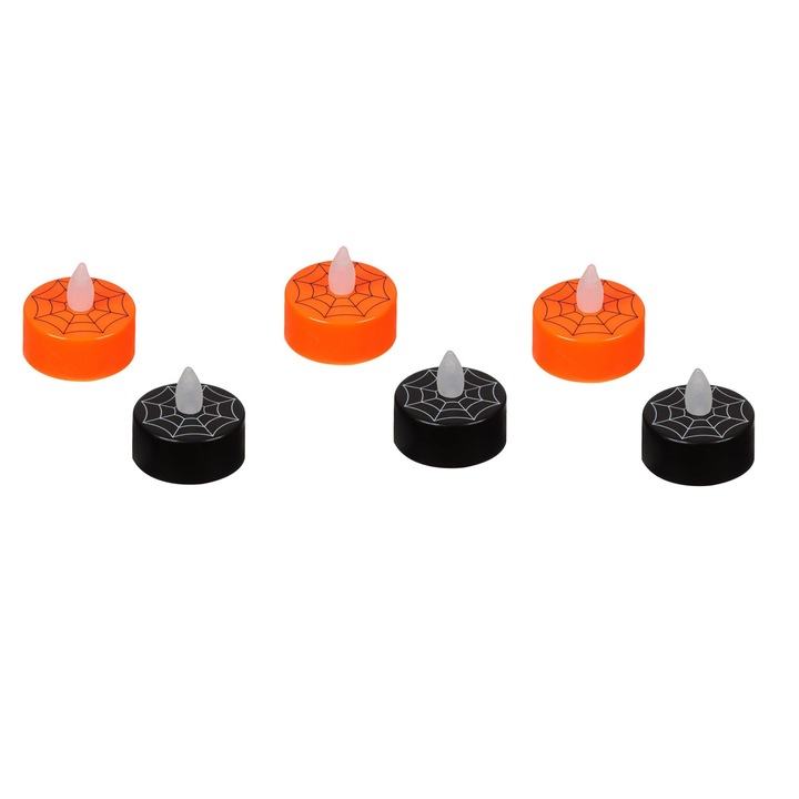 6 db Halloween gyertya készlet, műanyag LED-del, elemmel, pókháló design, 4 x 2 cm