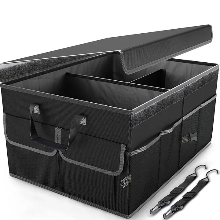 Autó csomagtartó rendszerező, 8 zsebes, összecsukható, többrekeszes fedéllel, övcsipesz, univerzális szabású, poliészter, 55 x 40 x 26 cm, Roll Fast, fekete