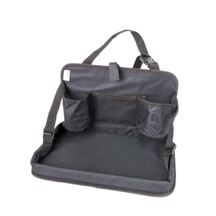 Asztali típusú autóülés háttámla rendszerező, összecsukható, fejtámla rögzítés, 2 pohár zseb, 1 hálós zseb, univerzális szabás, poliészter, 34 x 22 cm, Roll Fast, fekete