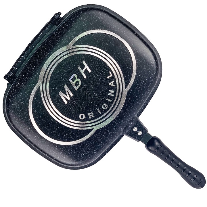 Tigaie dubla grill dreptunghiulara MBH K128, aluminiu, invelis antiaderent granit, 2 garnituri, 32x24x9 cm