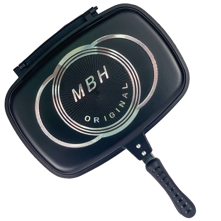 Tigaie dubla grill dreptunghiulara MBH K131, aluminiu, invelis antiaderent granit, 2 garnituri, 36x25x7 cm