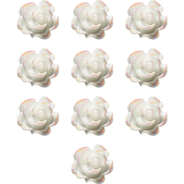 Set 10 Ornamente Unghii 3D Flori , rasina, alb/auriu