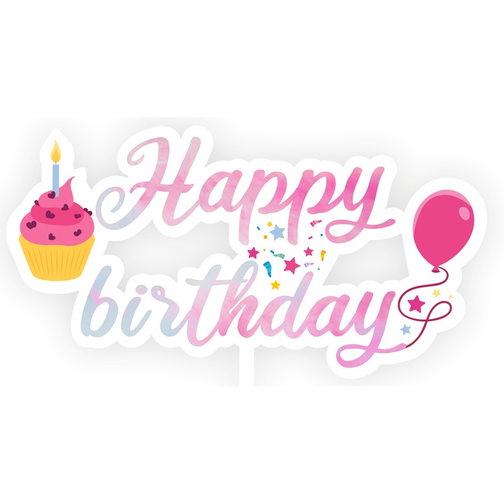 Topper tort UV Happy Birthday, MDF, Inedit Print, TC1016,12 cm