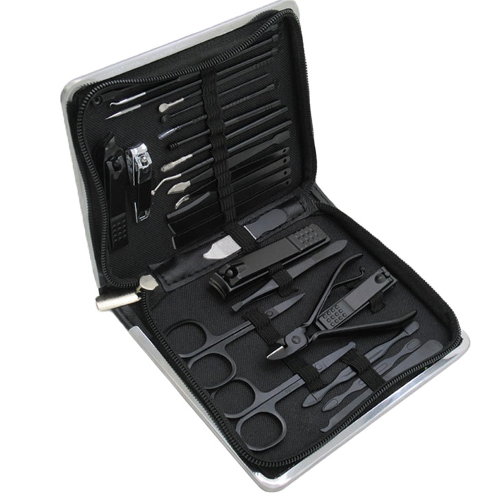 Set 26 ustensile pentru manichiura si pedichiura, Otel, Negru