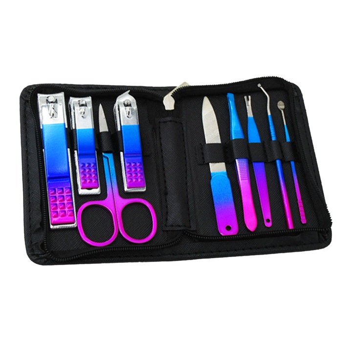 Set manichiura si pedichiura, galben lamaie, inox, husa PU neagra, portabil, 9 piese