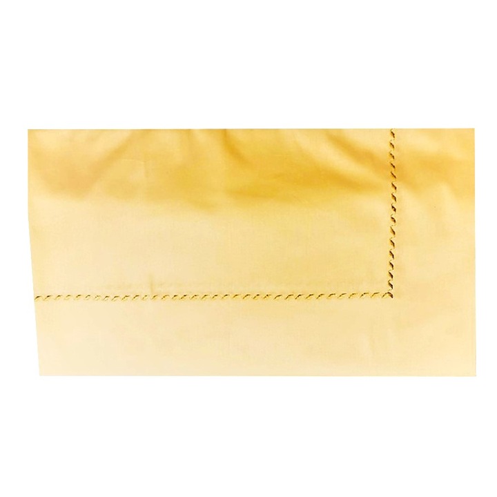 Cearsaf de pat cu elastic si chenar brodat 280 x 280, Casa Bucuriei, model Elegance, galben, bumbac organic lux 100%