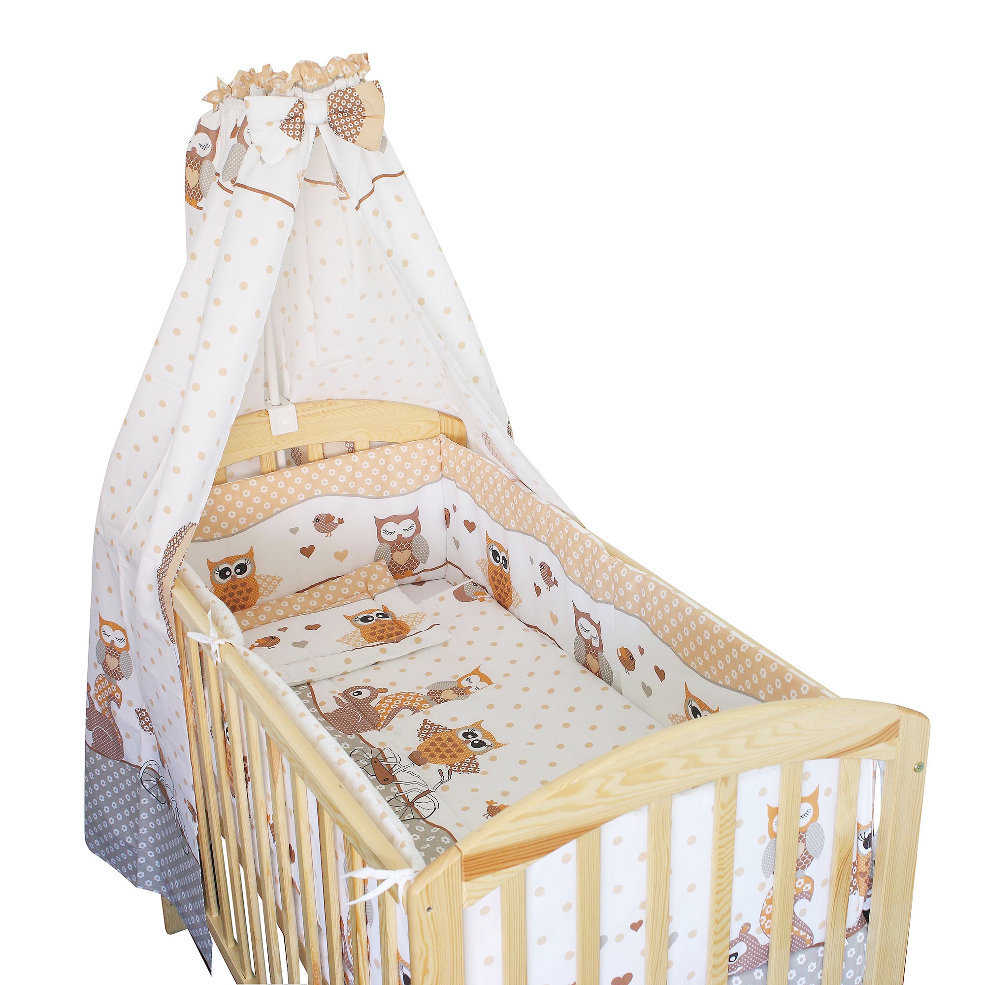 Lenjerie cu baldachin, 6 piese, Bufnite mari, crem 120x60 cm