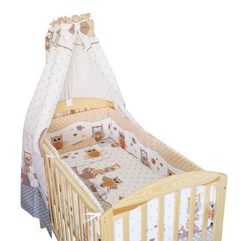 Lenjerie cu baldachin, 6 piese, Bufnite mari, crem 120x60 cm Lenjerie cu baldachin, 6 piese, Bufnite mari, crem 120x60 cm