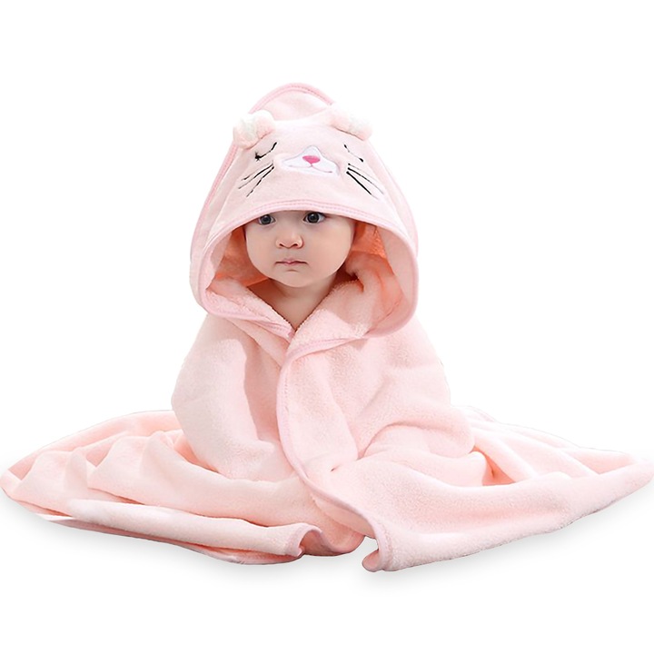 Хавлиена кърпа за бебета с качулка, Yefound®, 100% органичен бамбук, супер абсорбираща, мека и пухкава с качулка за деца, 80X80 см, розова