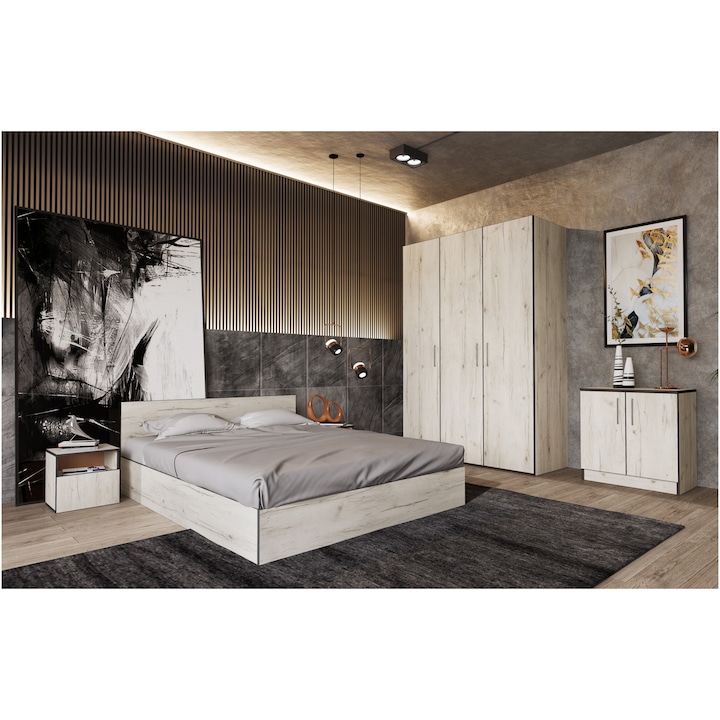Dormitor Irim Montreal, pat 160x200 cm, dulap, 2 noptiere, comoda