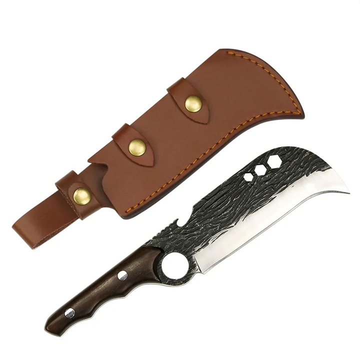 Cutit japonez lucrat manual Depox, Claw Blade, 27 cm, maro, teaca piele