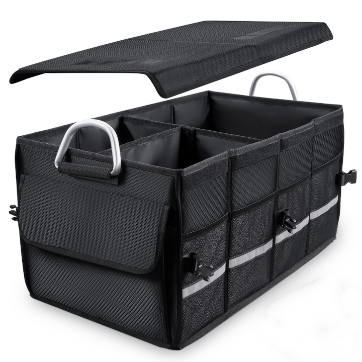 Органайзер за багажник за кола Teno®, 8 отделения, сгъваем, водоустойчив, преносим, алуминиеви дръжки, мултифункционален, универсален, включен капак, черен