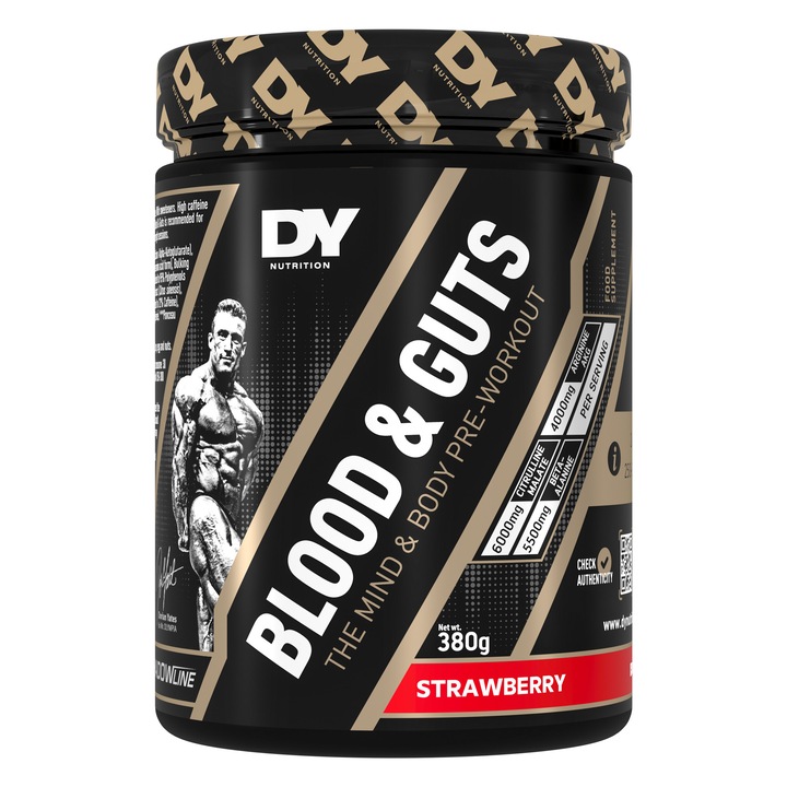 Blood & Guts Pre-Workout, Dorian Yates Nutrition, 380g 20 de Portii - Capsuni
