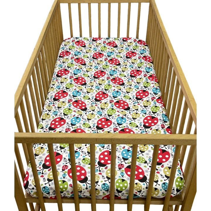 Cearceaf din bumbac ranforce, cu elastic pe colturi, culoare alb/multicolor, pentru patut de bebelusi 120/60cm, din colectia "Puiut somnoros" - CPBR37