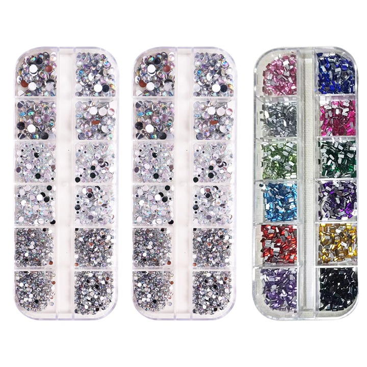 Set Pietre Stralucitoare pentru Nail Art, multicolor, rezistente, pentru unghii si decor, cutie inclusa