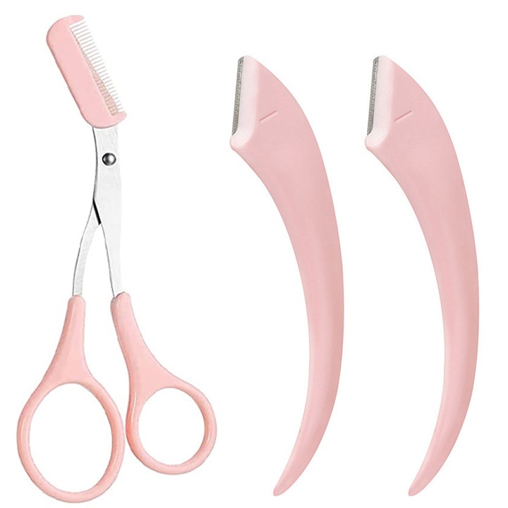 Set foarfeca si trimmere sprancene din otel inoxidabil, roz, 14x6.3cm
