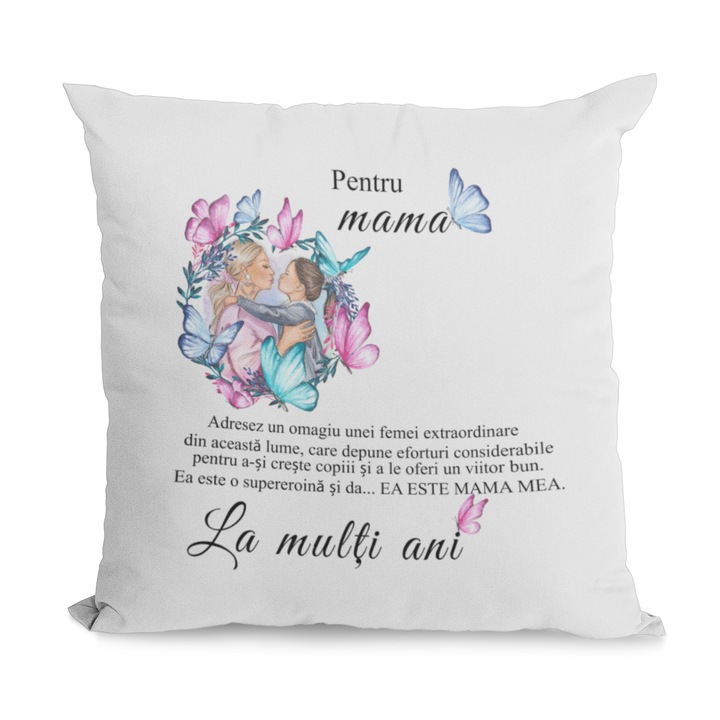 Perna Satin, Alba, 40 x 40 cm, JOYSTOS, Personalizata Cu Mesaj Pentru Mama Ta "La Multi Ani"
