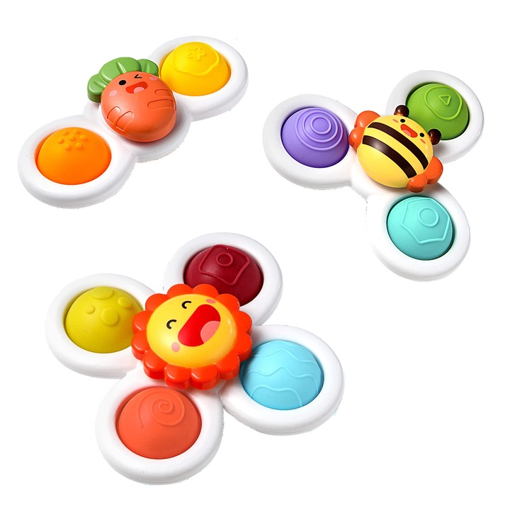 Set 3 Jucarii Interactive Fidget Spinner, ijoynewk®, margini rotunde, ventuza de prindere, pentru de 1-3 ani, Multicolor flori