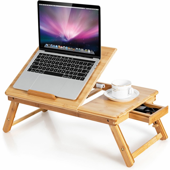 Masa pentru laptop din bambus, pliabila, reglabila, cu sertar si functie de disipare a caldurii, 53 x 33 x 20 -27 cm, bambus