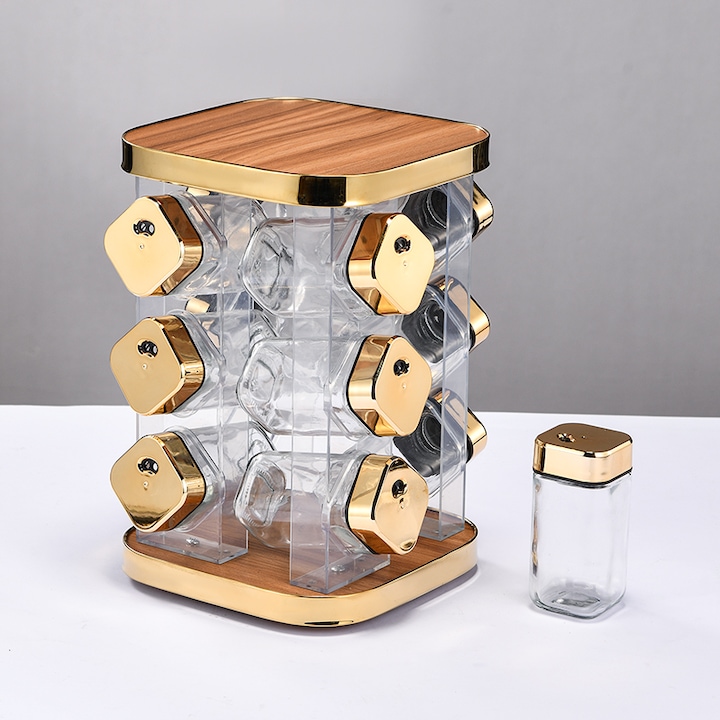 AT PERFORMANCE fűszertartó készlet tartóval, teljesítménynél, rotatív, üvegedény, arany/fa, 12db