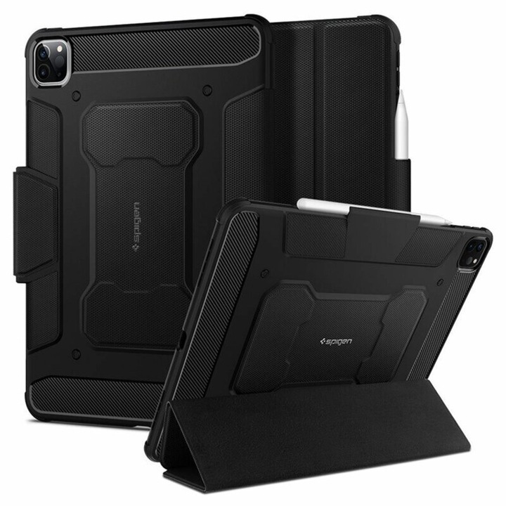Husa de protectie flip cover pentru tableta, pentru Apple iPad Pro 11 2020/2021/2022, Rugged Armor Pro, cu stand, suport pentru Pen, TPU, Negru