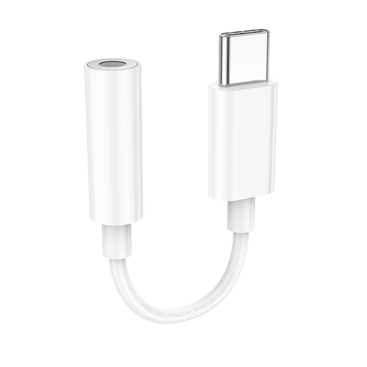 Adaptor audio USB-C la Jack 3.5mm mama, compatibilitate universala, ABS, lungime 82mm, Alb