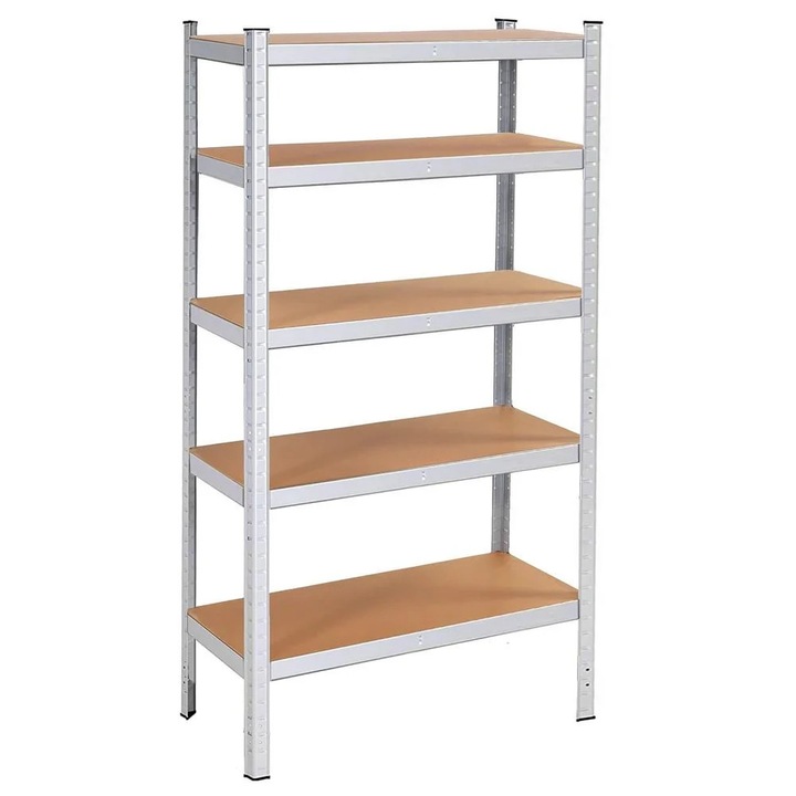 Raft metalic depozitare 5 polite MDF reglabile, max 875 kg, pliabil in 2 rafturi mici, 180x90x30 cm, argintiu