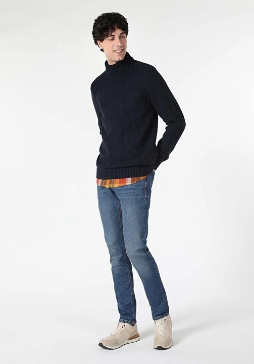 COLIN'S, Pulover cu model torsade si guler scurt, Ocean Blue