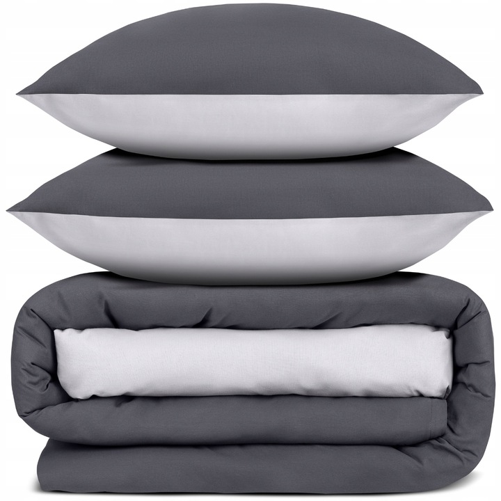 Set lenjerie de pat 200x220 + 2x70x80 alb si gri, Softimi, antialergenica, bumbac 100%, 3 piese