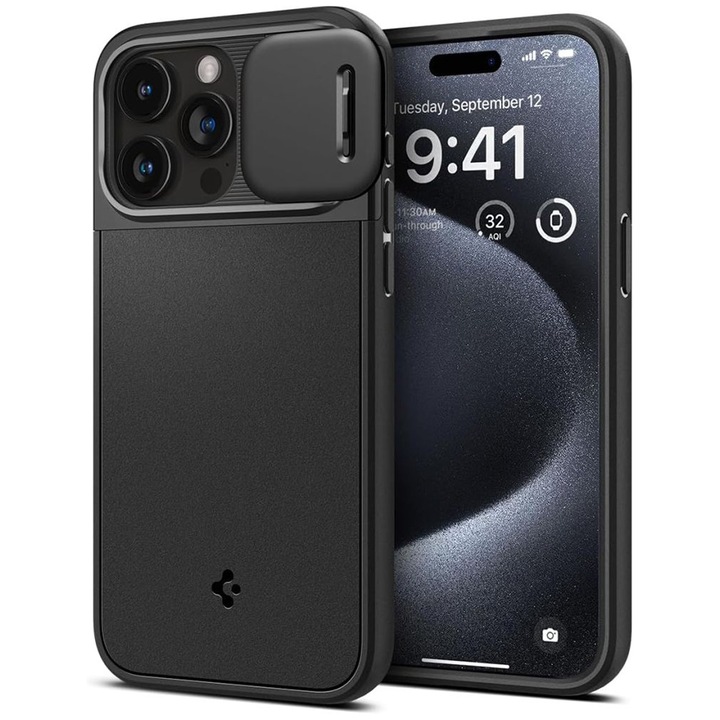 Калъф за iPhone 15 Pro, Spigen Optik Armor, черен