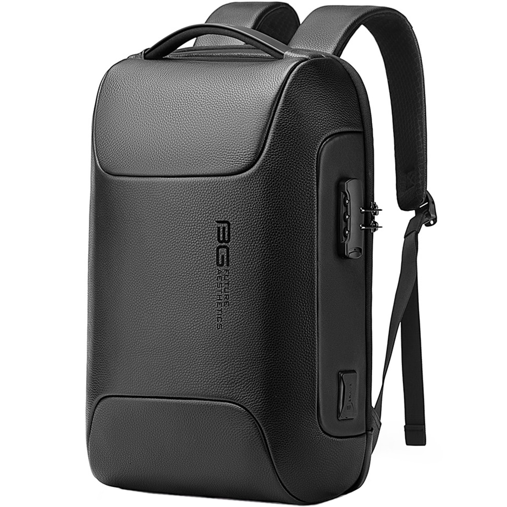 Rucsac laptop 15.6 inch, din piele naturala, port USB, si USB-C, lacat TSA, rezistent la stropi de apa, buzunar anbtifurt, sistem fixare pe valiza, BANGE, BG6625BK, Negru