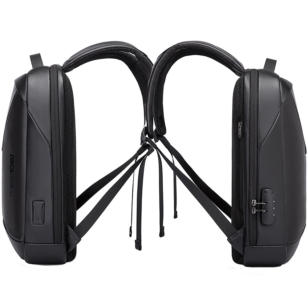 Rucsac laptop 15.6 inch, port USB, si USB-C, buzunar antifurt, din piele naturala, rezistent la stropi de apa, buzunar anbtifurt, sistem fixare pe valiza, BANGE, BG6621BK, Negru