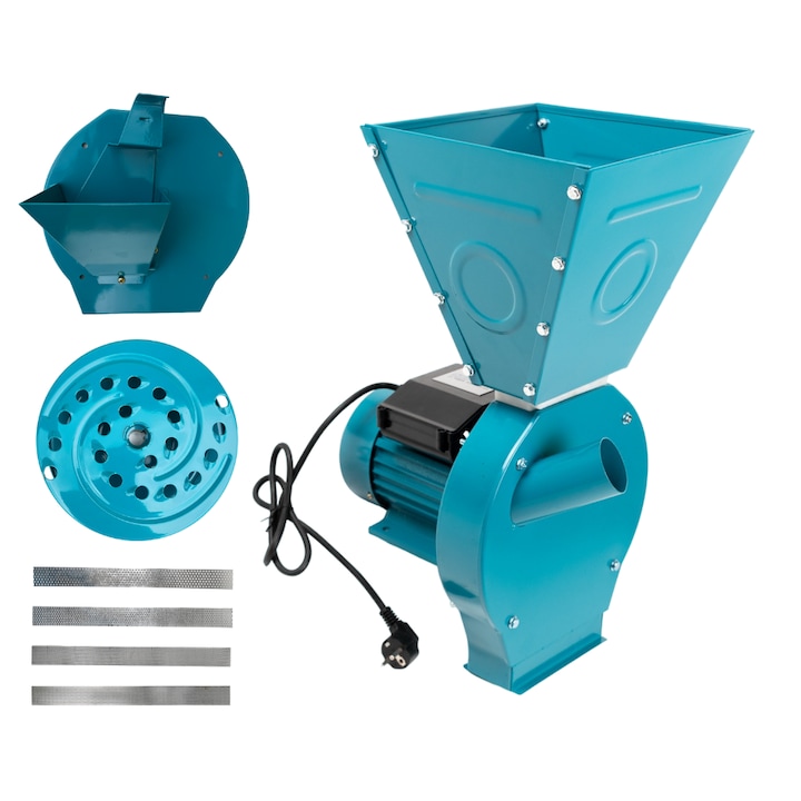 Set moara electrica 3 in 1, Fructe si Cereale, putere 4.5KW x 3200 RMP, capacitate de productie 350 kg/h, 20 de ciocanele, cu ajutorul adaptorului de fructe este ideala pentru a macina cereale, fructe si stiuleti intregiI