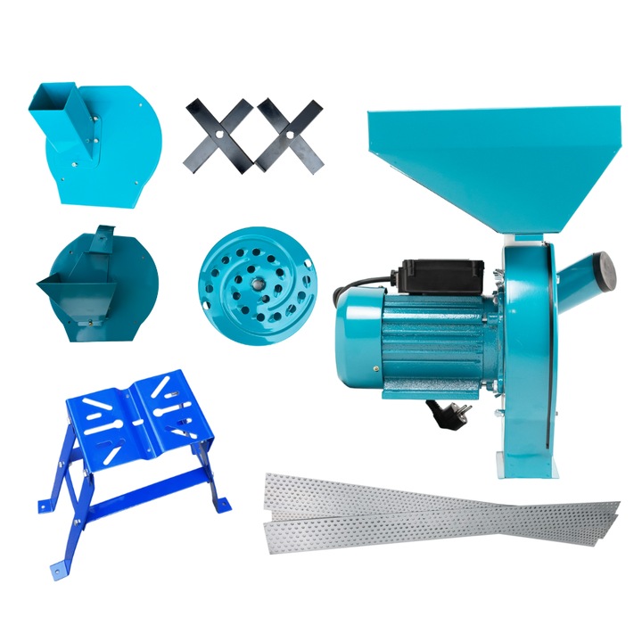 Set moara electrica 4 in 1, Fructe, legume, furaje si Cereale completa cu suport metalic, putere 4.2KW x 3200 RMP, capacitate de productie 300 kg/h, 20 de ciocanele