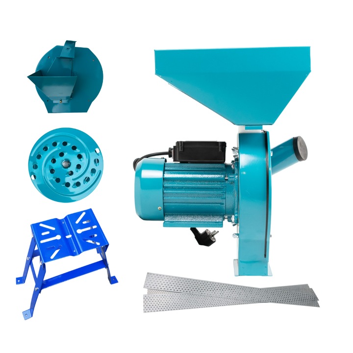 Set moara electrica 3 in 1. Fructe si Cereale completa cu suport metalic. putere 4.2KW x 3200 RMP. capacitate de productie 300 kg/h. 20 de ciocanele. cu ajutorul adaptorului de fructe este ideala pentru a macina cereale. fructe si stiuleti intregiI
