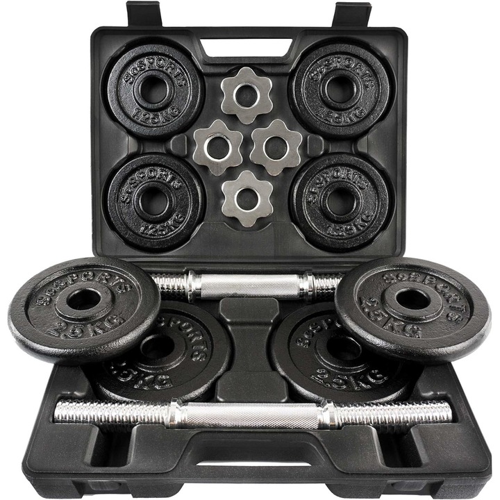 Set de gantere si haltere, cu valiza, 20 kg, 4x2,5 kg / 4x1,25 kg, 14 piese, negru