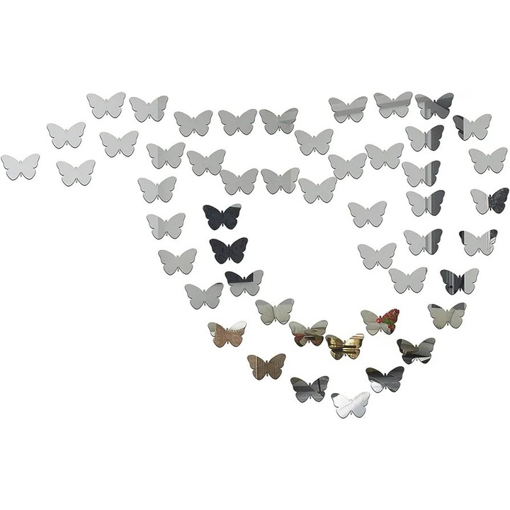 Set 100 Oglinzi acrilice autoadezive fluturi, 40 buc x 4 cm diametru si 60 buc x 3 cm diametru, Argintiu, MaffStuff