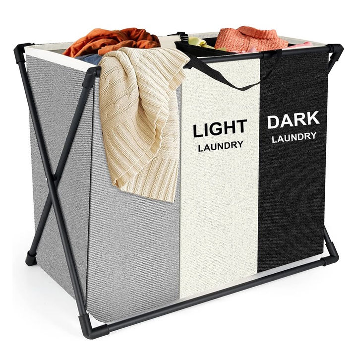 Cos Pliabil GREATON Pentru Rufe, Depozitare Eficienta, 3 Compartimente Pentru Separare si Organizare Haine pe Culori, 62 x 34 x 56 cm, Negru/Gri