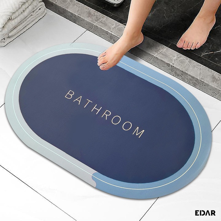 Covoras De Baie EDAR, Cu Mesaj Bathroom, Absorbant, Antiderapant, Material Moale, Curatoare Usoara, 58 x 38 cm, Albastru / Gri