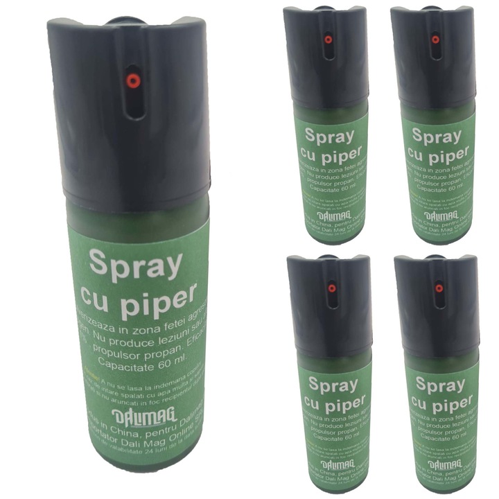 Set 5 bucati Spray Piper Paralizant, Lacrimogen, Iritant, Verde, 60 ml, Husa, Dalimag