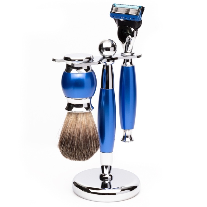 Set barber Yoshimoto Royal Blue Modern, cu aparat de ras, pamatuf, si suport