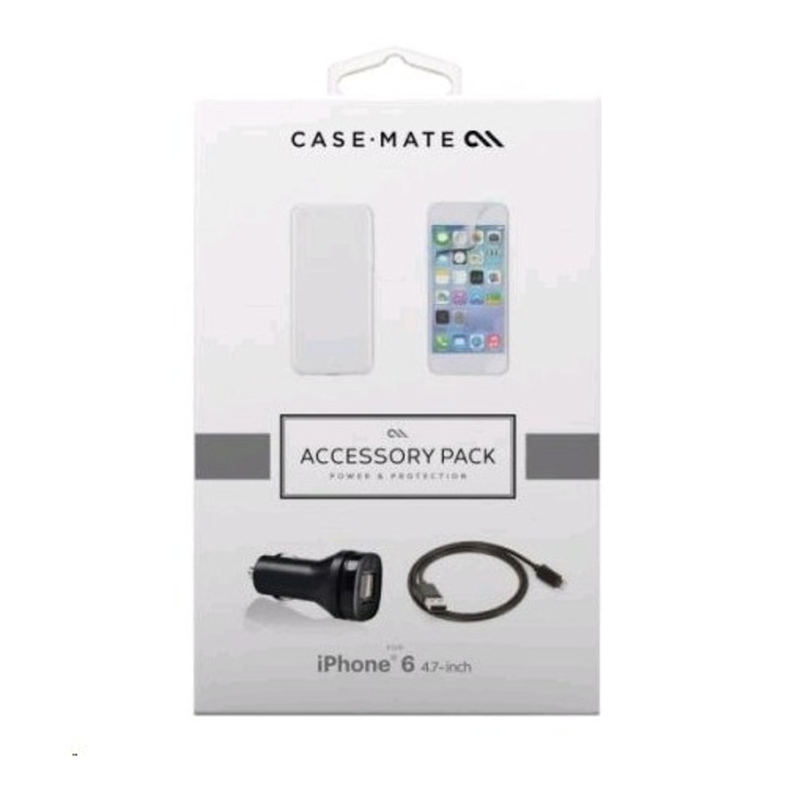 Комплект кейс, зарядно за кола, кабел и покрития CaseMate Accessory Kit за iPhone 6, 6S, Прозрачен