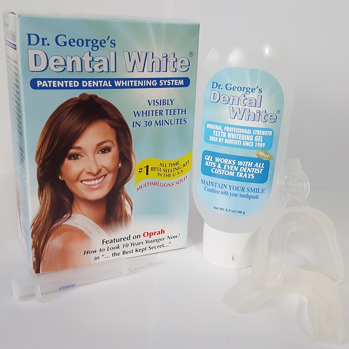 Pachet complet pentru albire dentara, Dr. George's Dental White, 148 ml. gel albire, 2 gutiere silicon si 1 seringa pentru aplicare