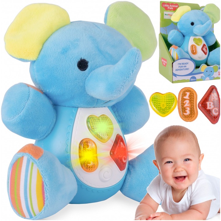 Plus interactiv pentru copii, Malplay, cu lumini, melodii vesele, pronunta cuvintele mama/tata, rade si scoate sunete specifice, 19x 11 x 17 cm, blue elefant