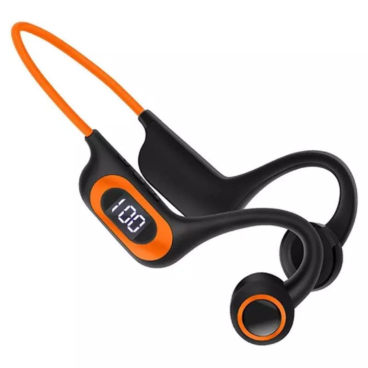 Casti Sport Wireless SIKS cu Conductie Osoasa Pentru Antrenament Sala, Alergare, Ciclism, Inot, Cu Microfon, Apeluri HandsFree, Stereo, Pliabile, Permite Card MicroUSB, 6D Surround, Bluetooth 5.3, Autonomie 30 Ore, Portocaliu