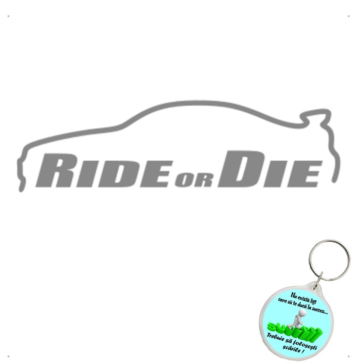 Set sticker decorativ auto ride or die v2, autocolant, 26 cm, Galben si breloc drumul spre succes