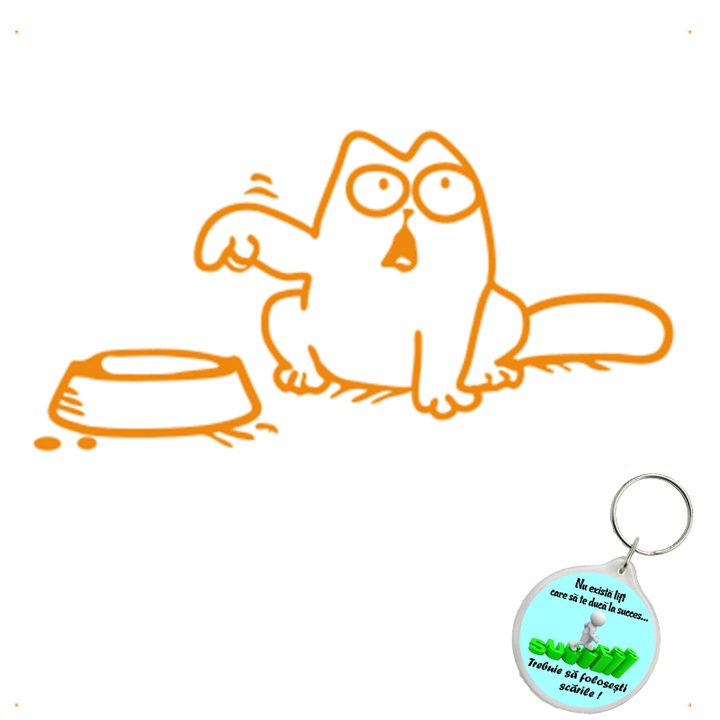 Set sticker decorativ auto pisica castron, autocolant, 26 cm, Albastru si breloc drumul spre succes