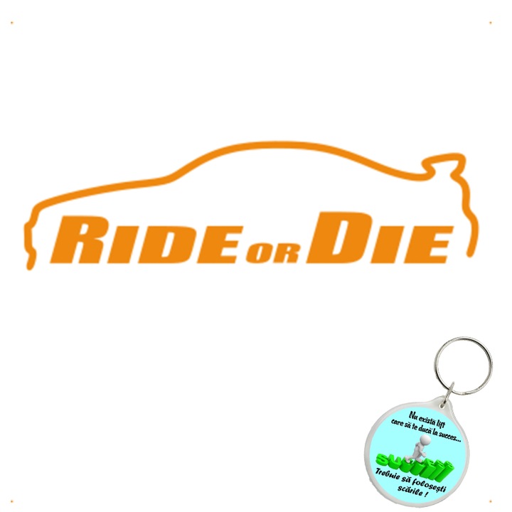 Set sticker decorativ auto ride or die v2, autocolant, 19 cm, Albastru si breloc succes