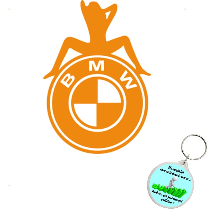 Set sticker decorativ auto gagica pe bmw, autocolant, 26 cm, Albastru si breloc drumul spre succes