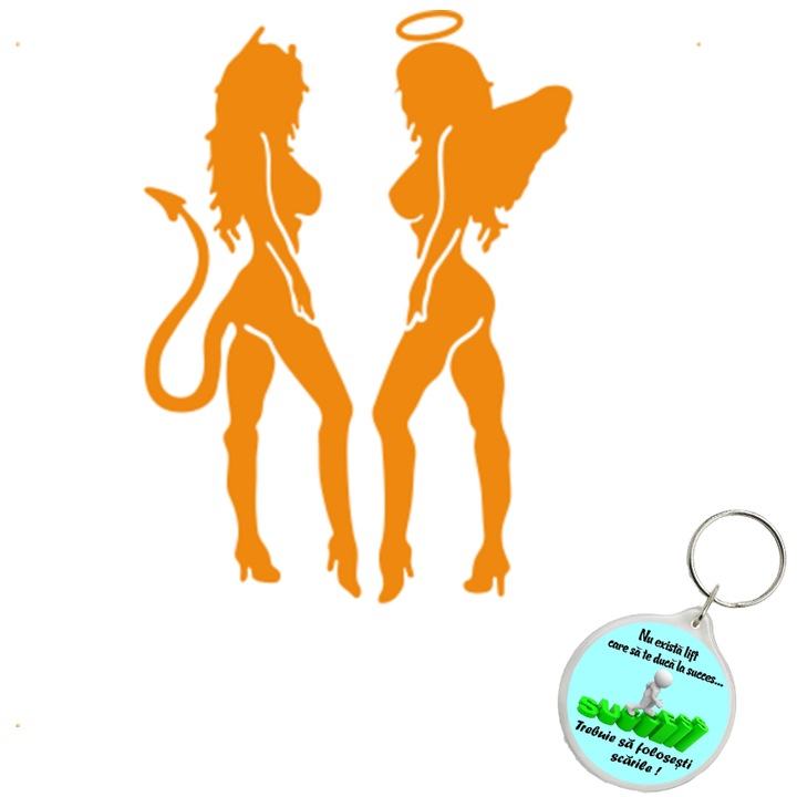 Set sticker decorativ auto inger drac, autocolant, 26 cm, Albastru si breloc drumul spre succes